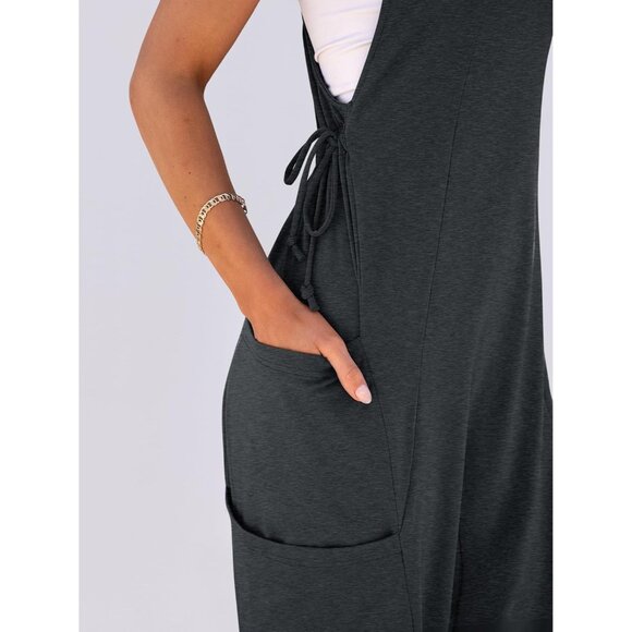 Women Dark Grey Overall Jumpsuit Loose Casual Dressy Sleeveless Baggy Romper - Picture 6 of 6
